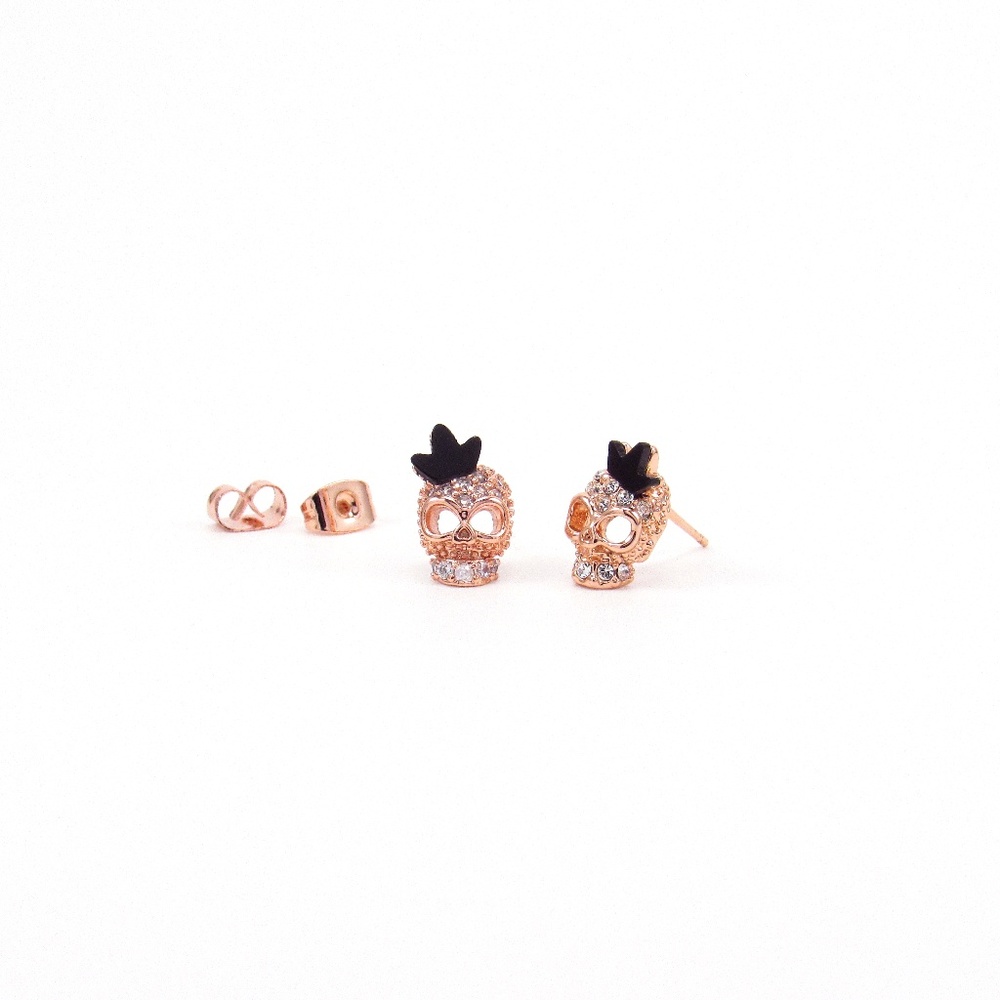 Skull Stud Earrings Crystal Pave 18K Rose Gold - Picture 3 of 4